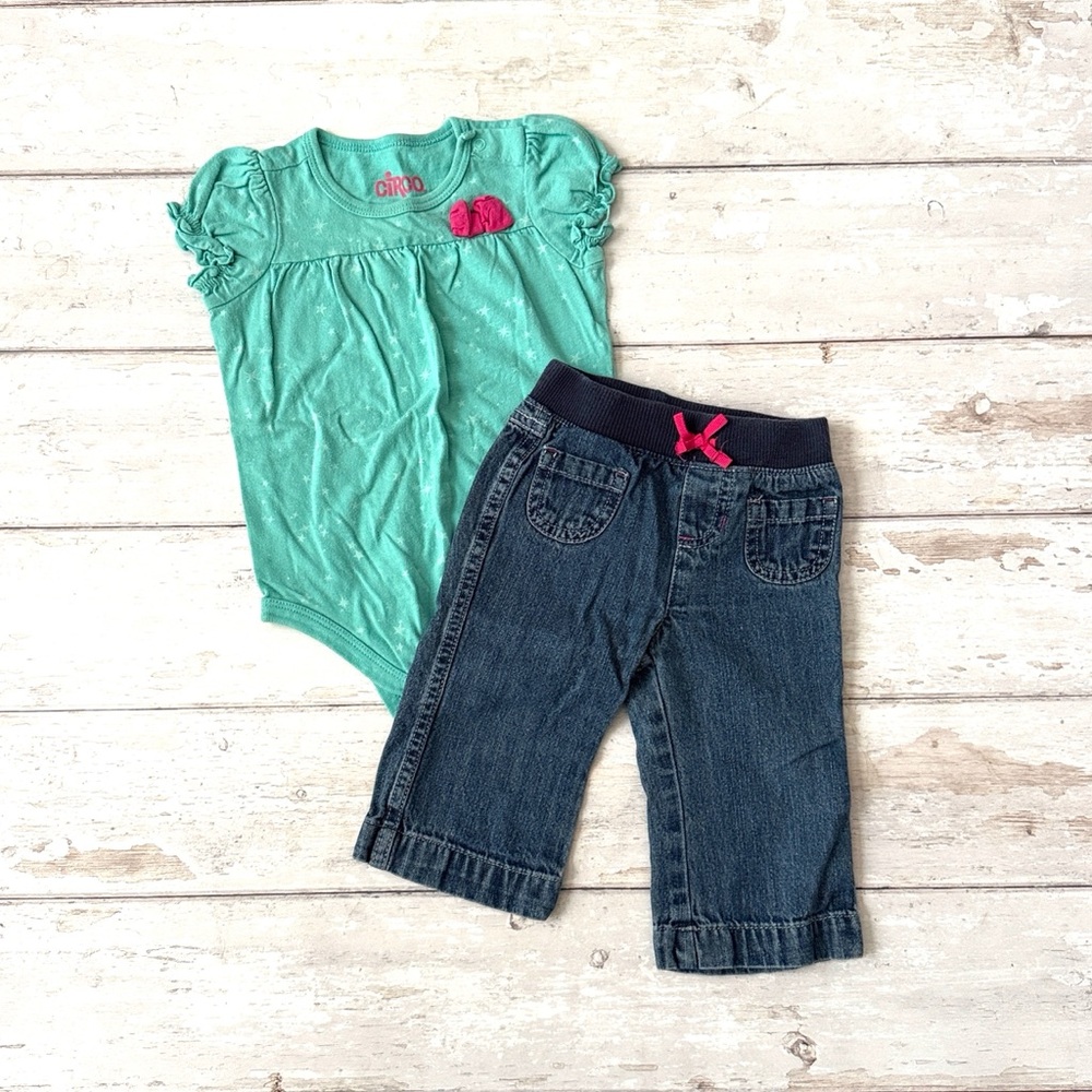 Baby Girls 9m Outfit Set Soft Denim Jeans Pants & Teal Puff Sleeve Bodysuit